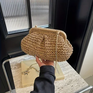 TEMU Gotowa na Plażę: Letnia Damska Torebka z Słomy - Modna z Łańcuszkiem na Ramię w Kolorach Khaki, Magenta, Krem, lub Zielonym - Lekka, - Torebki damskie - miniaturka - grafika 1