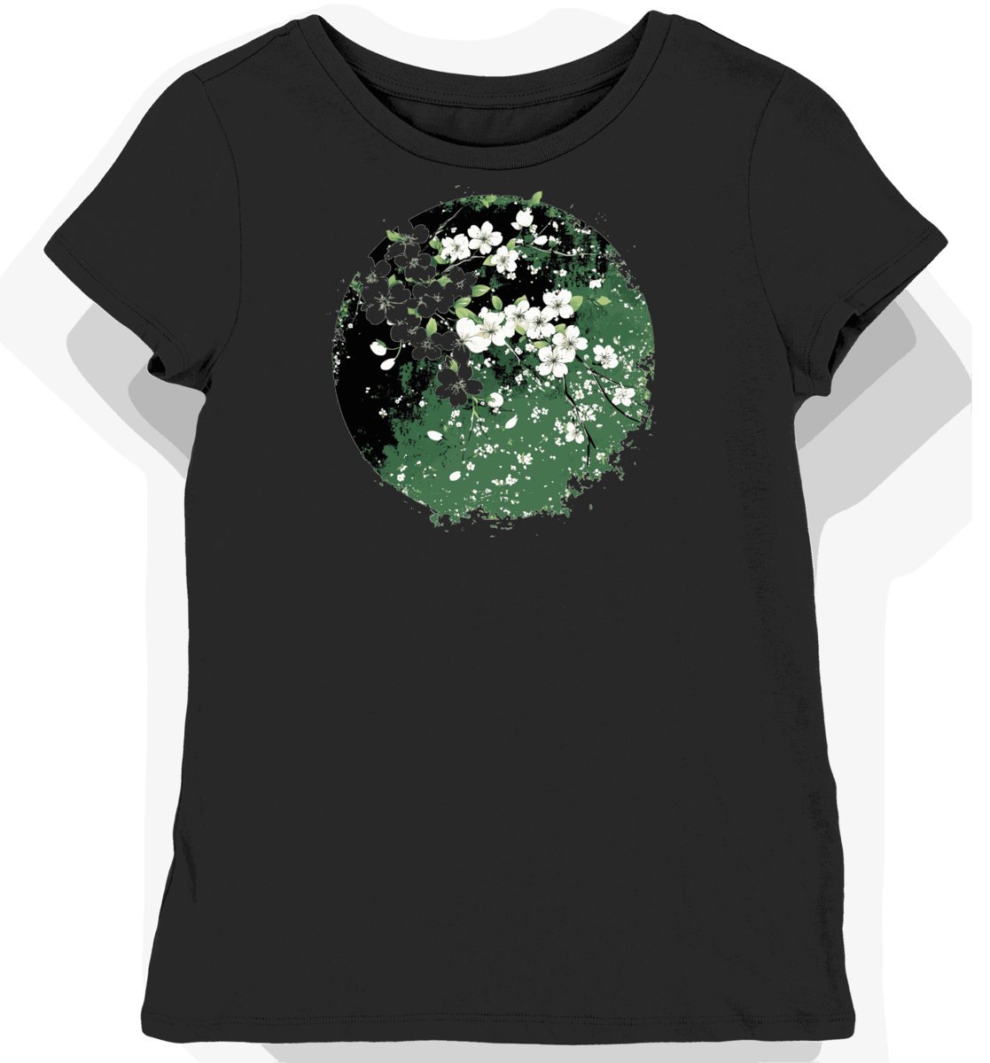 Koszulka damska czarna z motywem zielonego kwiatu sakury XL