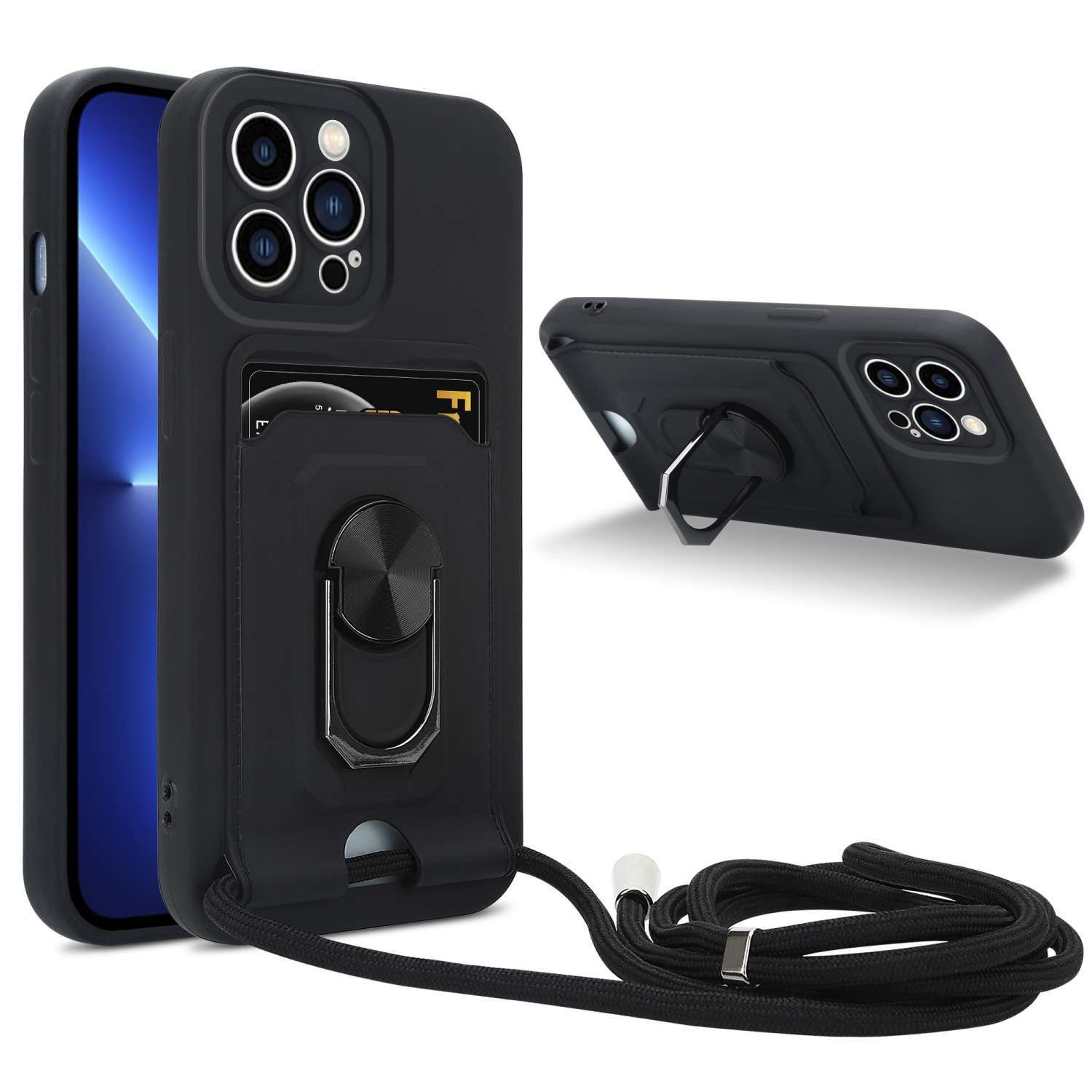 Łańcuszek na telefon Cadorabo z funkcją podstawki dla Apple iPhone 12 PRO w kolorze CZARNYM - silikonowe etui ochronne z regulowanym paskiem na sznurku