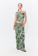 Koszulki i topy damskie - Stradivarius Asymetryczna koszulka z tiulu we wzory Khaki L - miniaturka - grafika 1