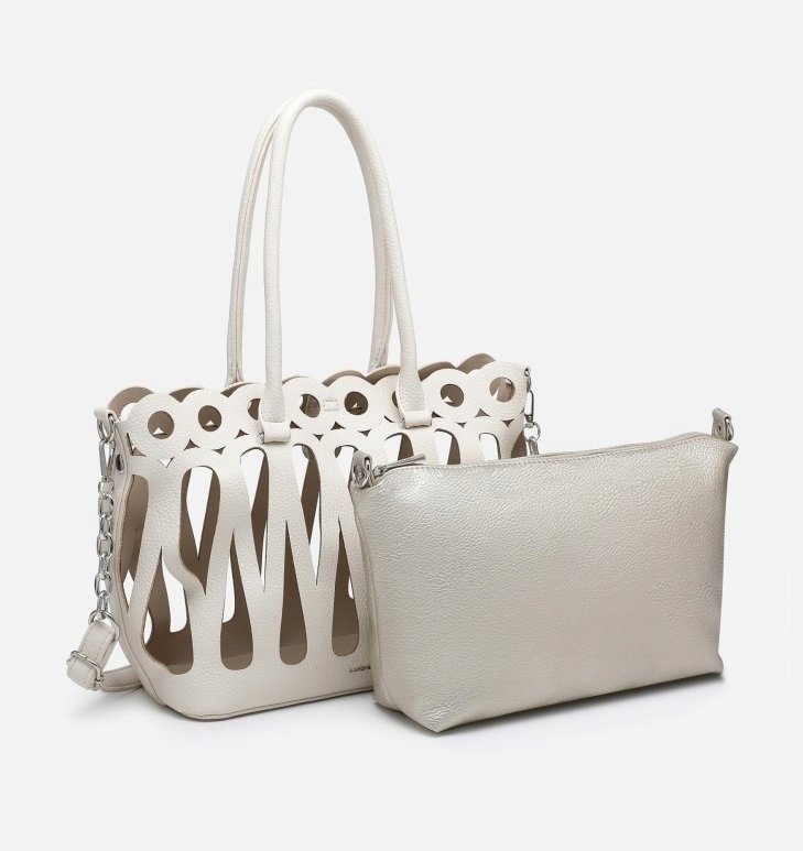 Torebka Damska Ażurowa Elegancka Beżowa Shopper Na Ramię LUIGISANTO