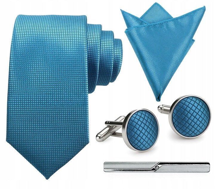 Zestaw męski w pudełku - krawat + poszetka + spinki do mankietów + spinka do krawata NIEBIESKI