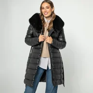 Kurtki damskie - Damska kurtka z ekoskóry pikowana długa czarna - miniaturka - grafika 1