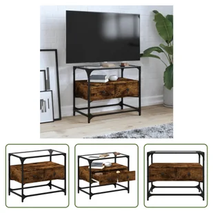 The Living Store szafka pod telewizor ze szklanym blatem dąb wędzony 60x35x51cm materiał drewnopochodny - Szafki RTV - miniaturka - grafika 1
