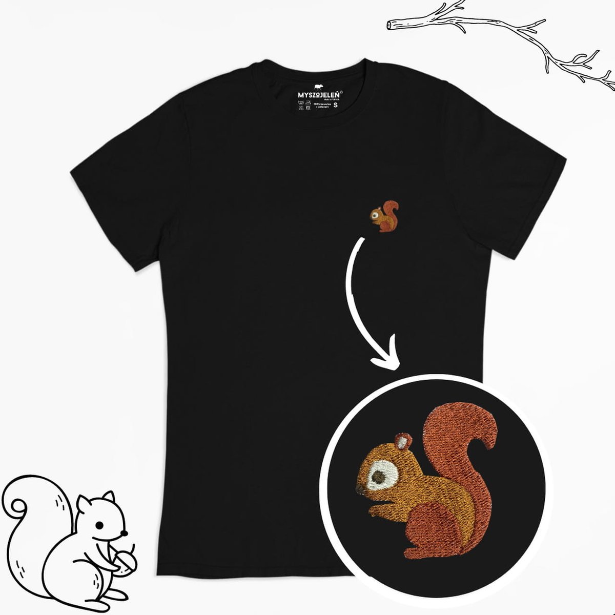 Haftowany T-shirt - WIEWIÓRKA - czarny S