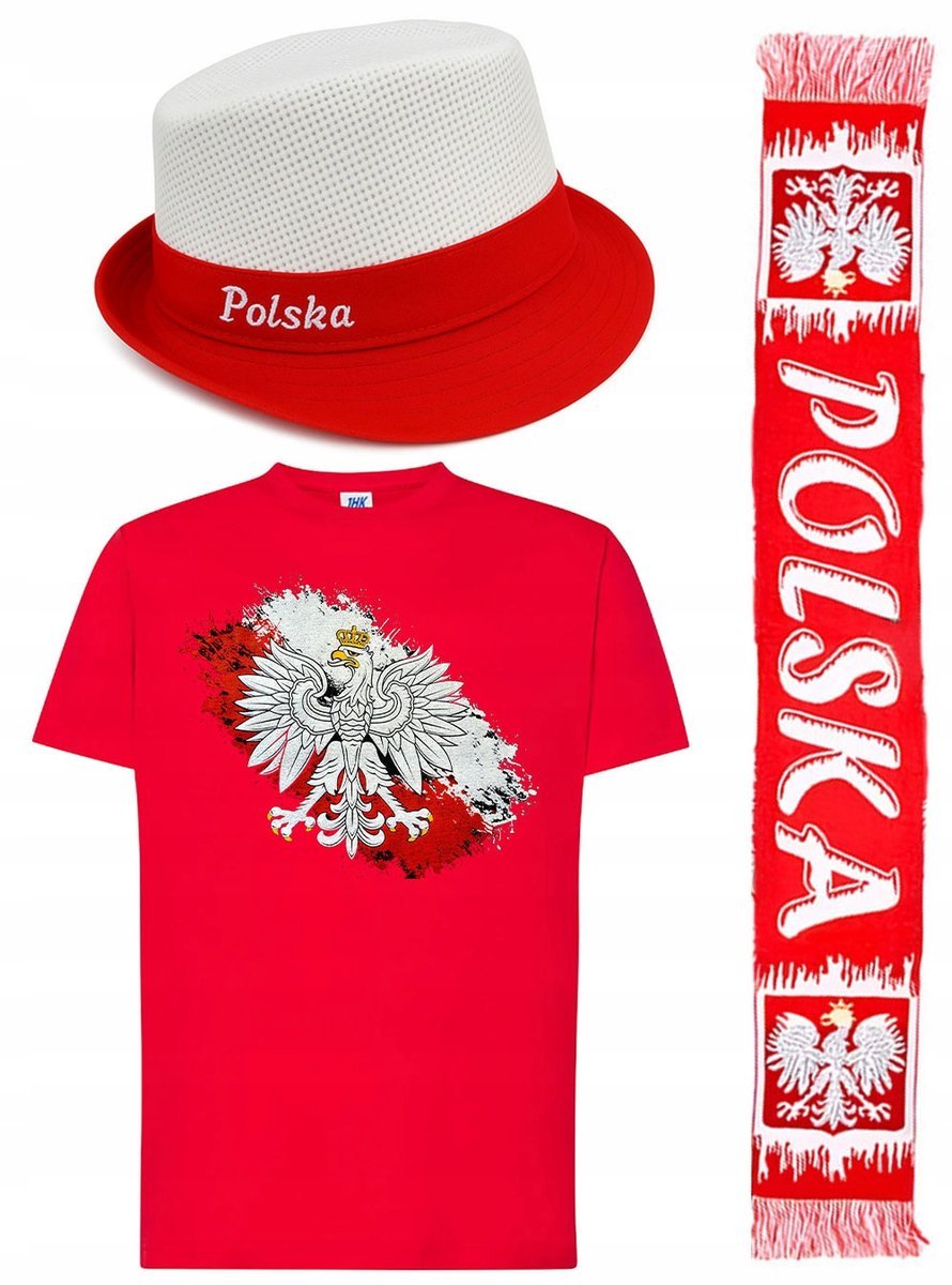ZESTAW DLA KIBICA POLSKI KOSZULKA +SZALIK + CZAPKA GODŁO FLAGA