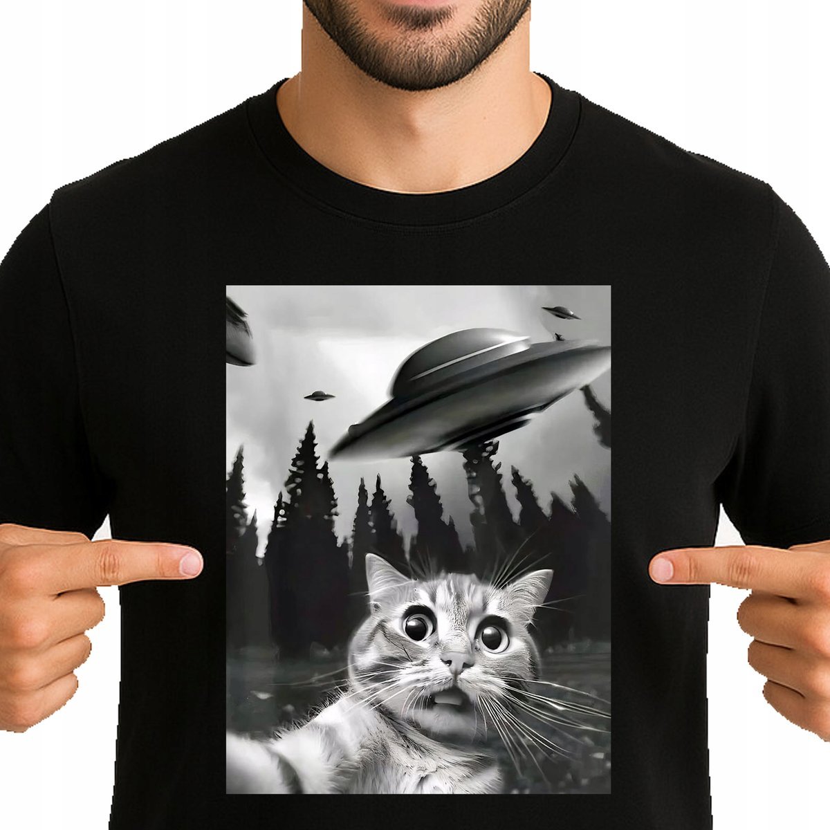 ŚMIESZNA KOSZULKA MEMOWA KOT ALIEN SELFIE UFO STATEK XXL 3450 CZARNA