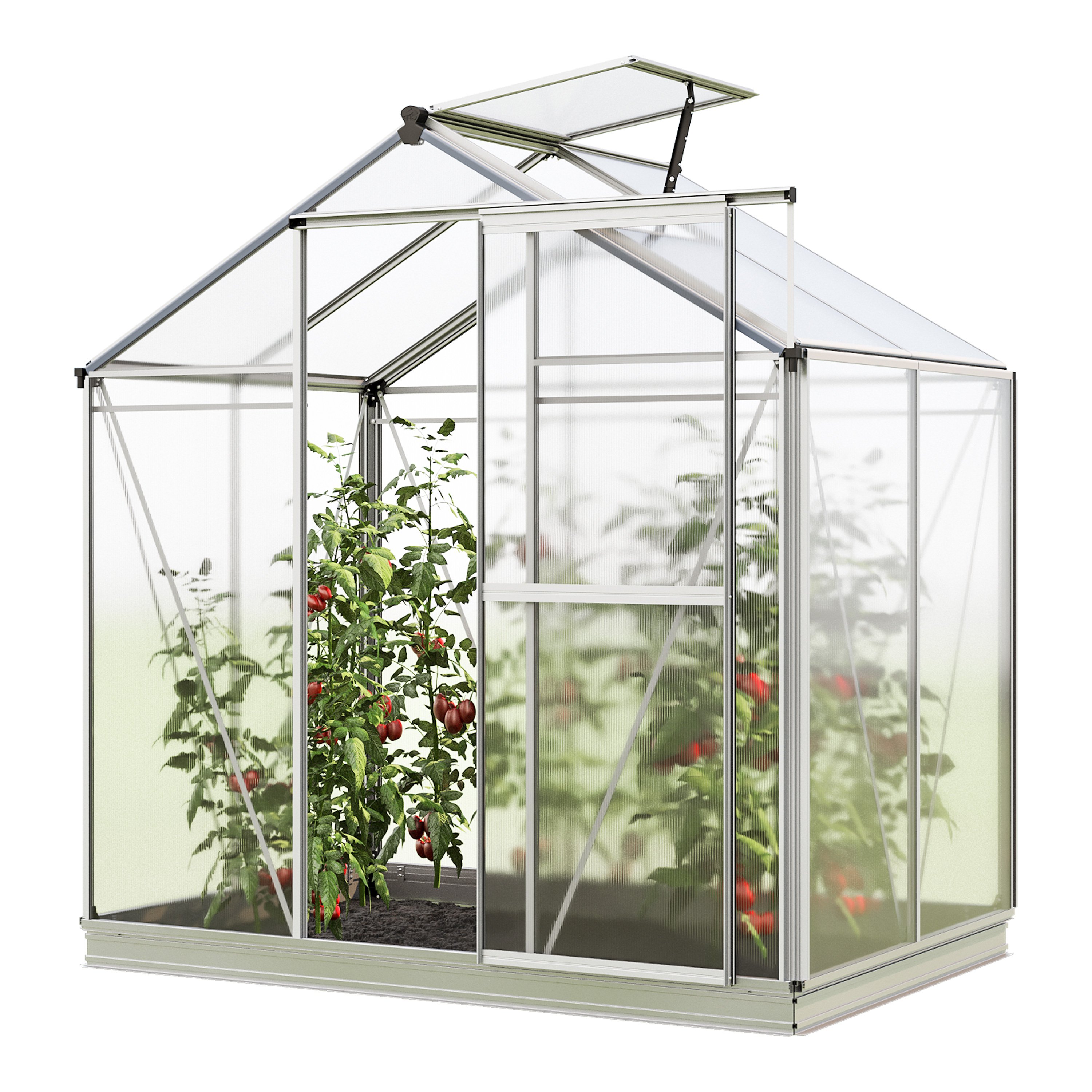 GFP Szklarnia Jasmin 2 rama aluminiowa 192 x 131 cm panele poliwęglanowe - z ramą fundamentową i 1 aut. mechanizm otwierania okien