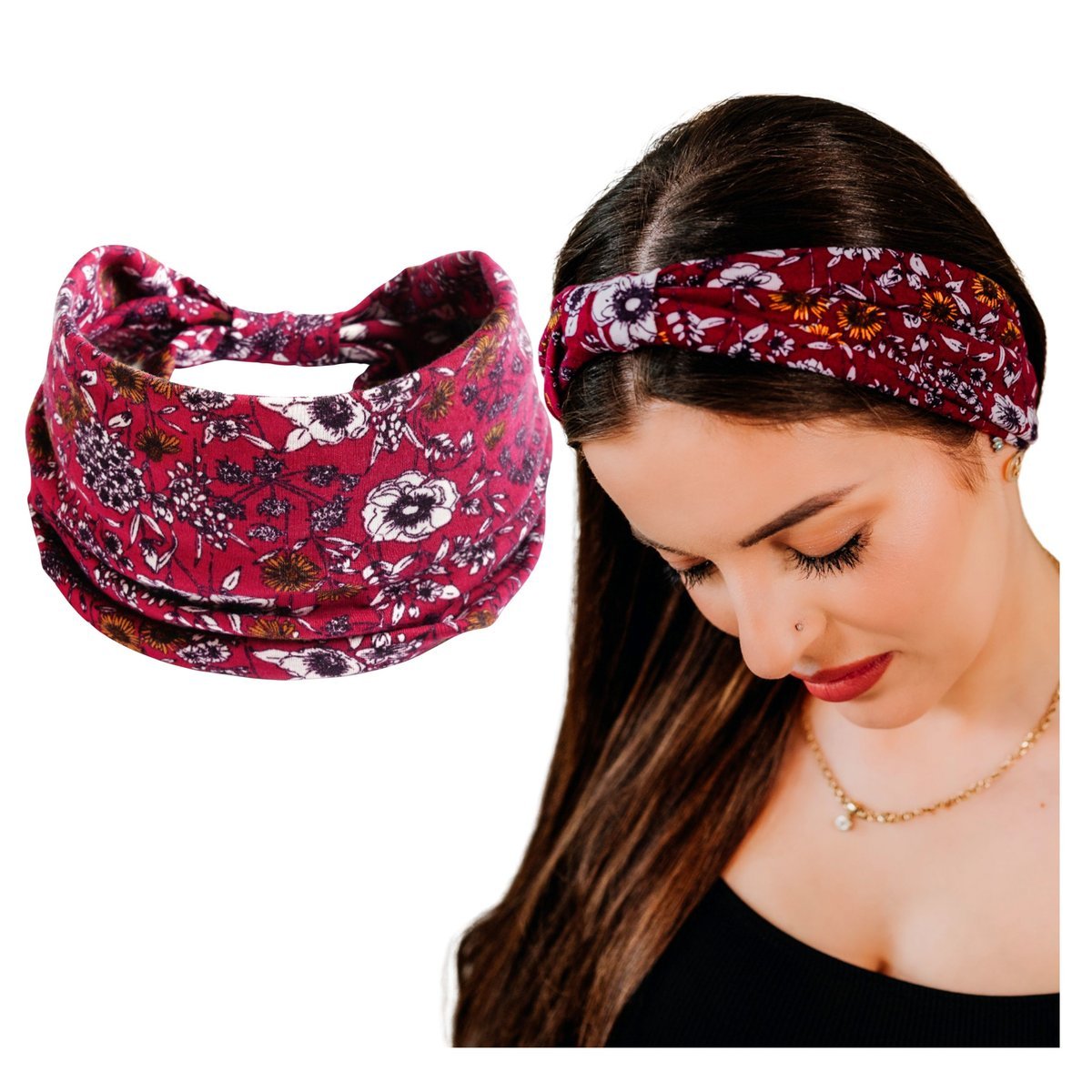Opaska do Włosów Bordowa Turban na Głowę Szeroka w Kwiaty MIŁA W DOTYKU