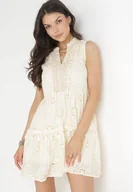 Sukienki - Beżowa Sukienka z Gumką w Pasie z Haftowanej Tkaniny z Cekinami Atakoto - miniaturka - grafika 1