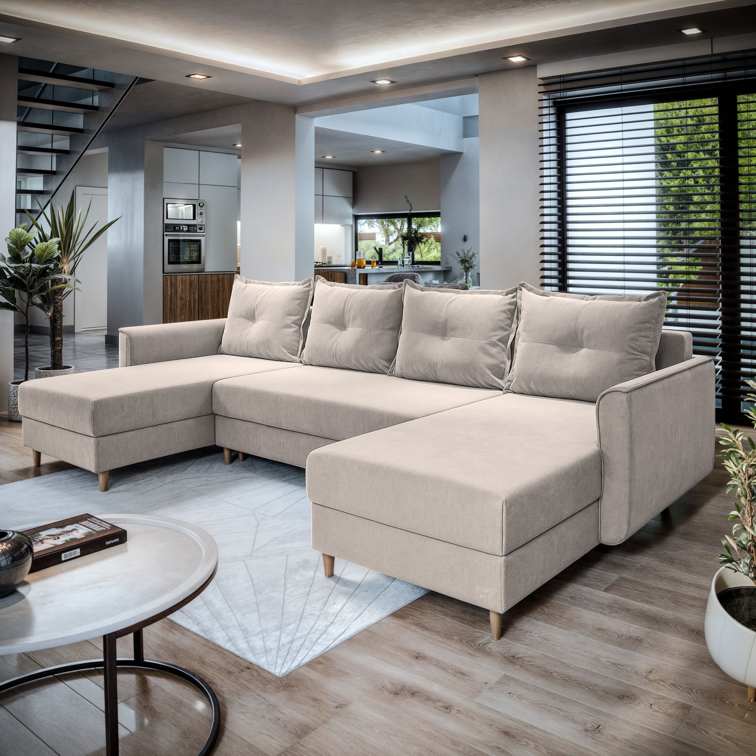 Masseno Narożnik VERNI z funkcją spania i pojemnikiem na pościel Kształt U, Rozkładana sofa, Rogówka - Beżowy, PAROS 02