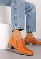 Półbuty damskie - Brązowe Półbuty na Słupku z Niską Cholewką Ozdobioną Suwakiem Ansolee - miniaturka - grafika 1