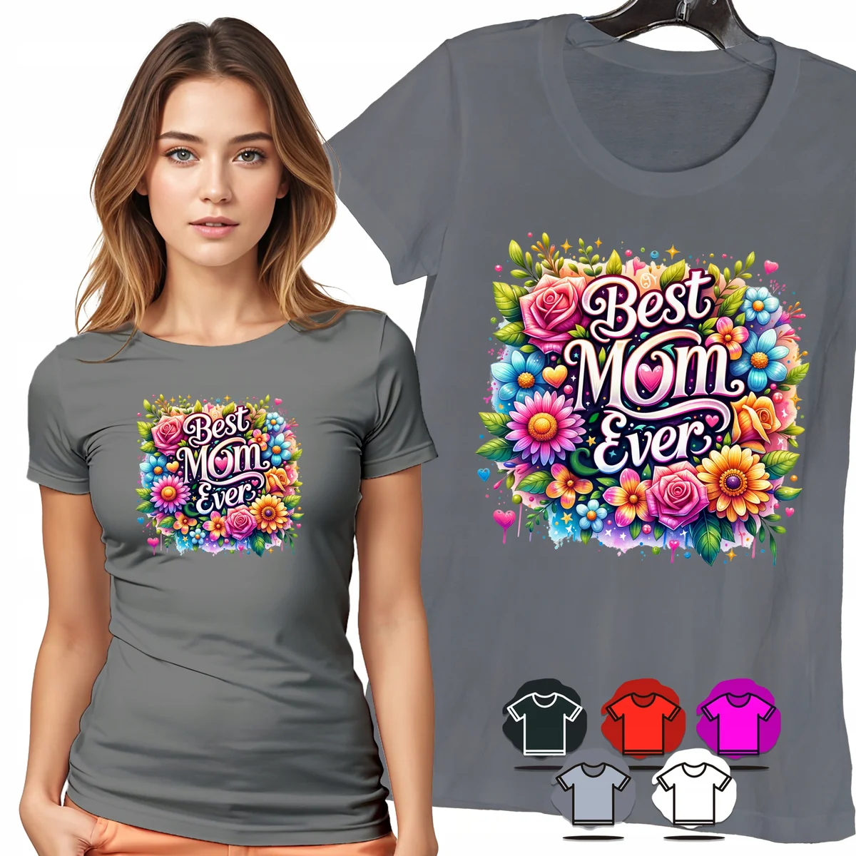 KOSZULKA DAMSKA T-SHIRT - BEST MOM EVER KWIATY RÓŻE PREZENT DAMSKI - XS