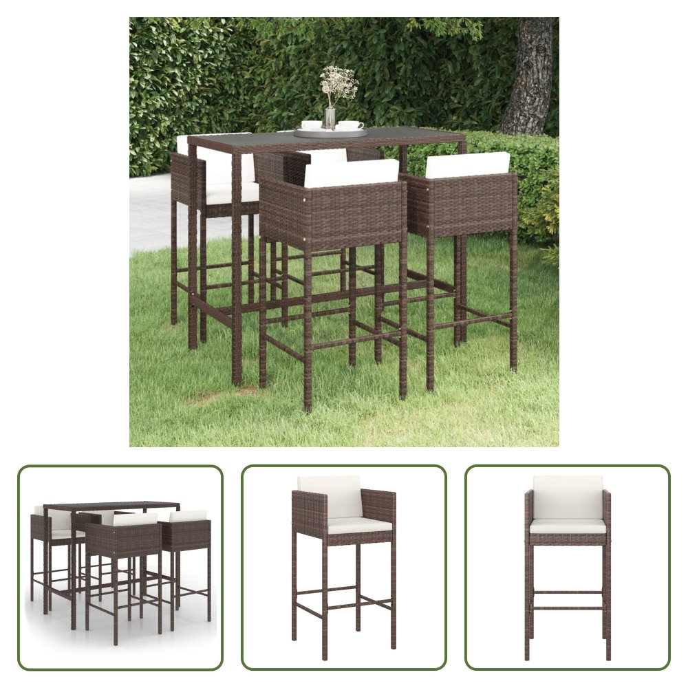 The Living Store 5-częściowy ogrodowy zestaw barowy z poduszkami z polirattanu brązowy