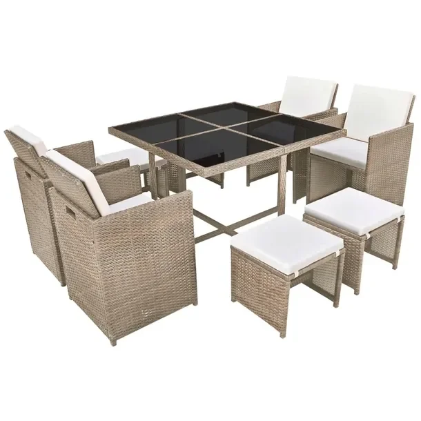 Zestaw mebli rattanowych 1 stół 4 krzesła 4 stołki szaro-beżowy 109x10
