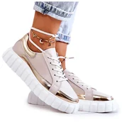 Półbuty damskie - S.Barski Damskie Półbuty Na Platformie Beżowo-Złote Noriso beżowy złoty - miniaturka - grafika 1