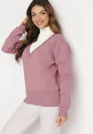 Bluzy damskie - Ciemnoróżowa Bawełniana Bluza z Dekoltem w Serek Gitra - miniaturka - grafika 1