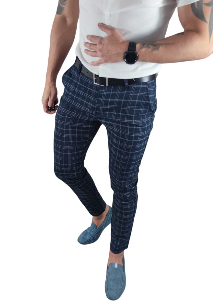 Spodnie wizytowe slim fit chino ciemny granat krata DJ011 W32