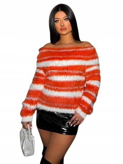 SHEIN SWETER W PASKI BIAŁO-POMARAŃCZOWY 40/42 ŁWI
