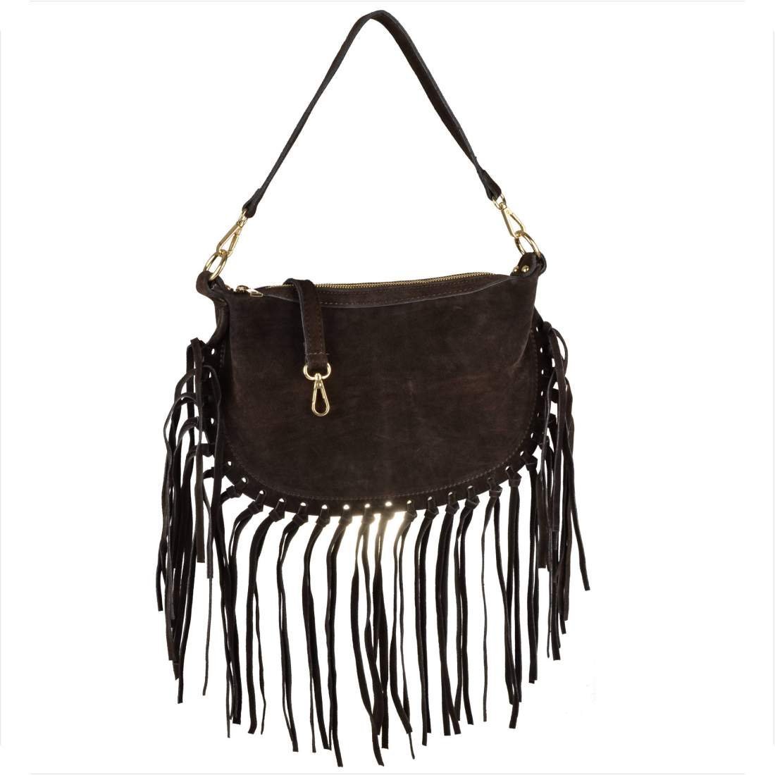 Włoska listonoszka z frędzlami skóra naturalna zamszowa brąz czekolada