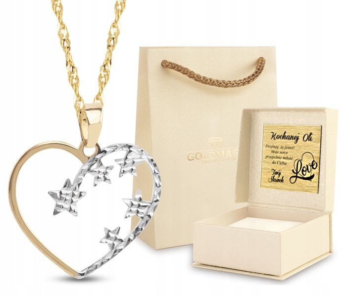 ZŁOTY NASZYJNIK Z SERCEM I GWIAZDKAMI SERCE 585