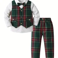 Dresy i komplety dla chłopców - TEMU Chłopięca odzież na Boże Narodzenie dla 1-rocznych, biała koszula, zielona kamizelka w kratę, spodnie, muszka, wieloczęściowy garnitur, impreza - miniaturka - grafika 1