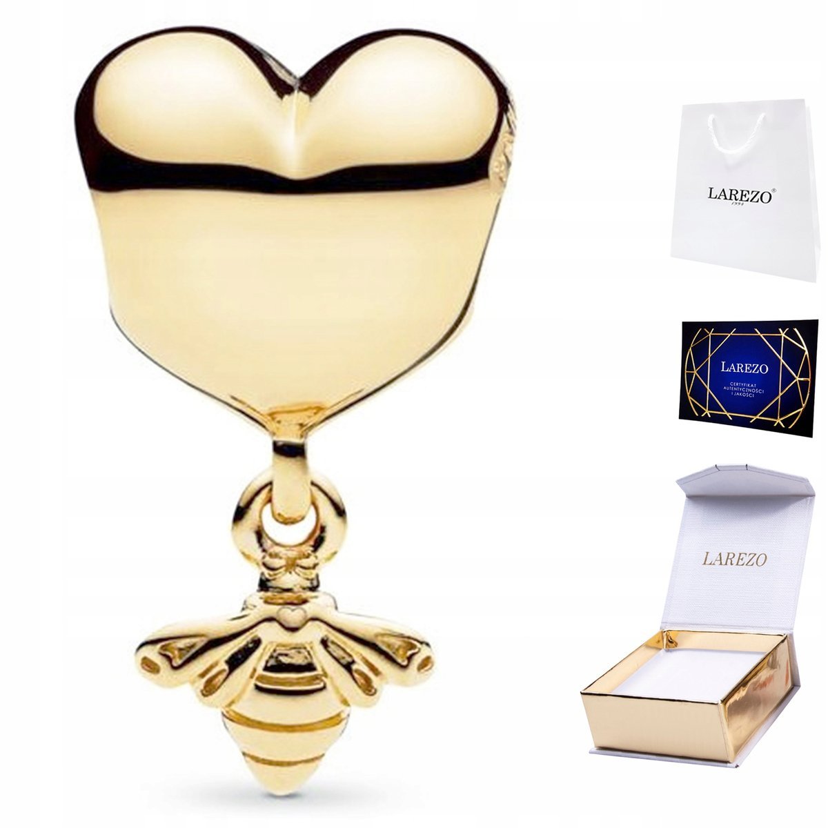 CHARMS ZŁOTY z Sercem Pszczółka Serce Pszczoła Serduszko Love SREBRO 925