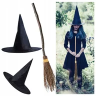 Dodatki do strojów karnawałowych - ZESTAW MIOTŁA I KAPELUSZ CZAROWNICY BABY JAGI WIEDŹMY CZARNY HALLOWEEN - miniaturka - grafika 1