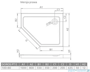 Radaway Doros Pt E Stone brodzik pięciokątny 100x80x5cm prawy biały SDRPT1080-01-04SR - Brodziki prysznicowe - miniaturka - grafika 2