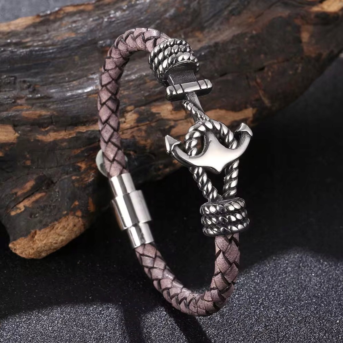 Bransoleta Kotwica Skórzana Stalowa Szara Pleciona Mocne Zapięcie Magnes