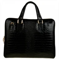 Torebki damskie - Skórzana aktówka damska wzór krokodylej skóry czarna - miniaturka - grafika 1