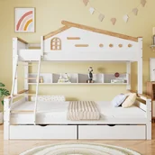 Łóżka dla dzieci i młodzieży - Łóżko piętrowe dla dzieci 90x200cm i 140x200cm, z barierką, szufladami, oknem i szufladami, białe + naturalne kolory - miniaturka - grafika 1