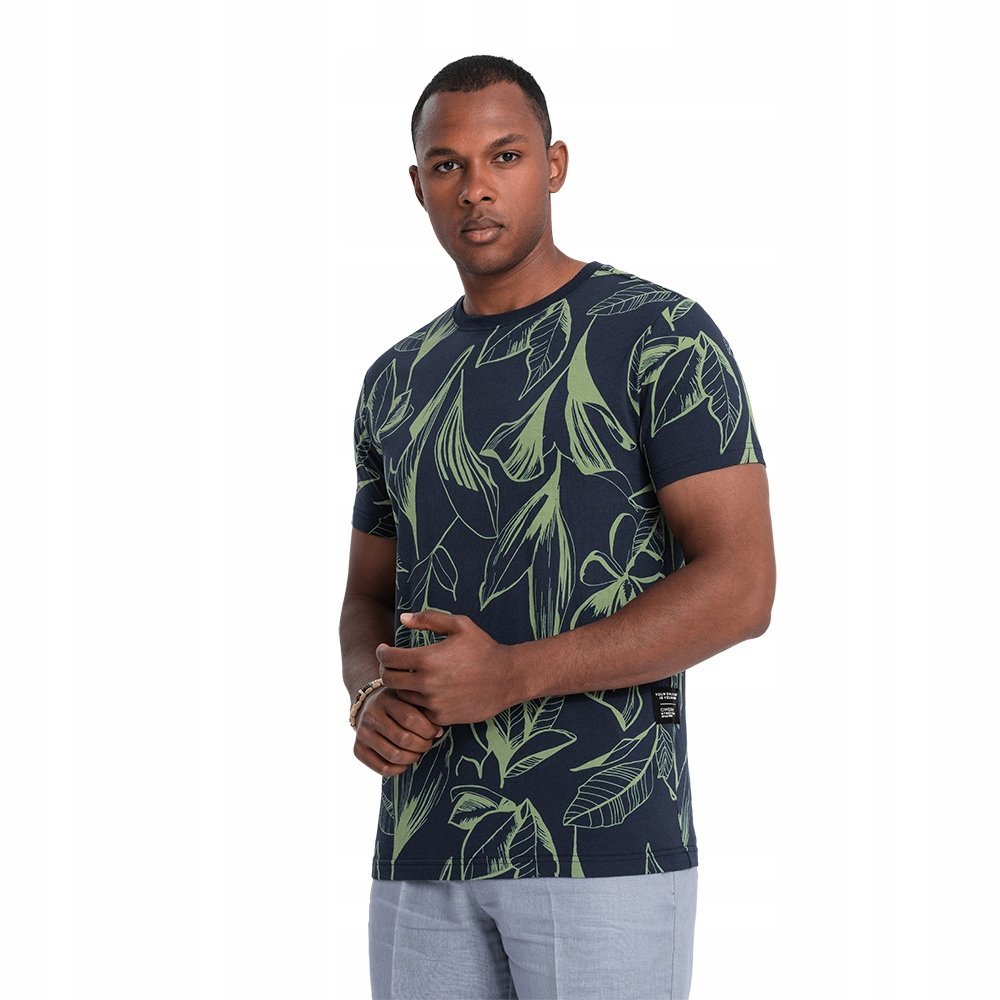T-shirt męski fullprint w kontrastowe liście granatowy V5 OM-TSFP-0180 S