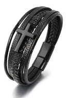 Bransoletki - Skórzana bransoleta plecionka z czarnym krzyżem 23cm - miniaturka - grafika 1