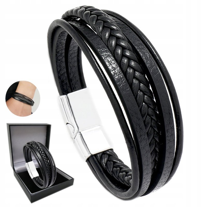 Srebrna Skórzana Bransoletka Męska Gruba Elegancka Bransoleta + Gratis