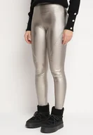 Spodnie damskie - Srebrne Ocieplane Spodnie z Imitacji Skóry o Dopasowanym Kroju z Wysokim Stanem Rivaki - miniaturka - grafika 1