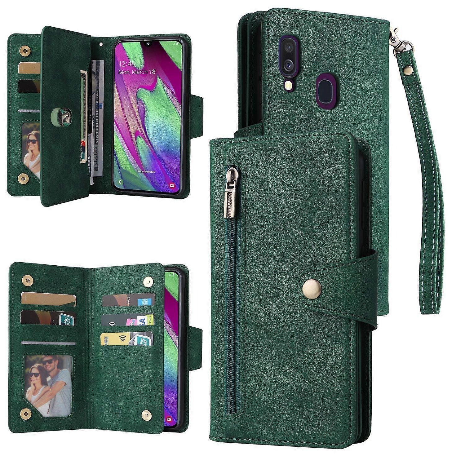 Foxdock Kompatybilny z Samsung Galaxy A40 Etui PU Magnetyczny zamek błyskawiczny z klapką Etui na karty Etui na portfel Zielony