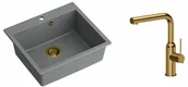 Zlewozmywaki z baterią - Quadron Zlewozmywak granitowy jednokomorowy 57*50*22 cm MORGAN 110 SILVER STONE ze złotym odpływem z baterią ANGELINA Q LINE z wyciąganą wylewką kolor złoty - miniaturka - grafika 1