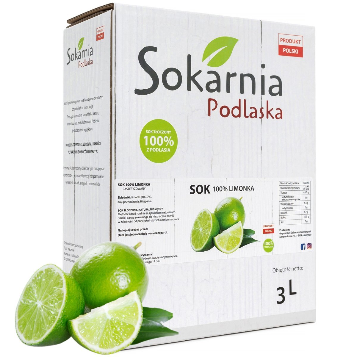 SOK Z LIMONKI 3L ORZEŹWIAJĄCY PYSZNY SMAK LIMONKOWY NATURALNY 100% TŁOCZONY