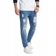 Spodnie męskie - Męskie spodnie jeansowe taper fit z dziurami - niebieskie V3 P1028 XL - miniaturka - grafika 1