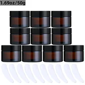 Pozostałe akcesoria kosmetyczne - TEMU Zestaw 10 Słoików z Bursztynowego Szklanego z Czarnymi Pokrywkami i Łopatkami, Wielokrotnego Napełniania Pojemników na Kosmetyki Podróżne do - miniaturka - grafika 1