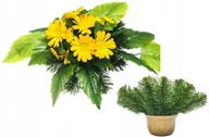 Sztuczne kwiaty - STROIK ŻÓŁTE KWIATY doniczka zalewana cemenciak na grób bukiet wiązanka - miniaturka - grafika 1