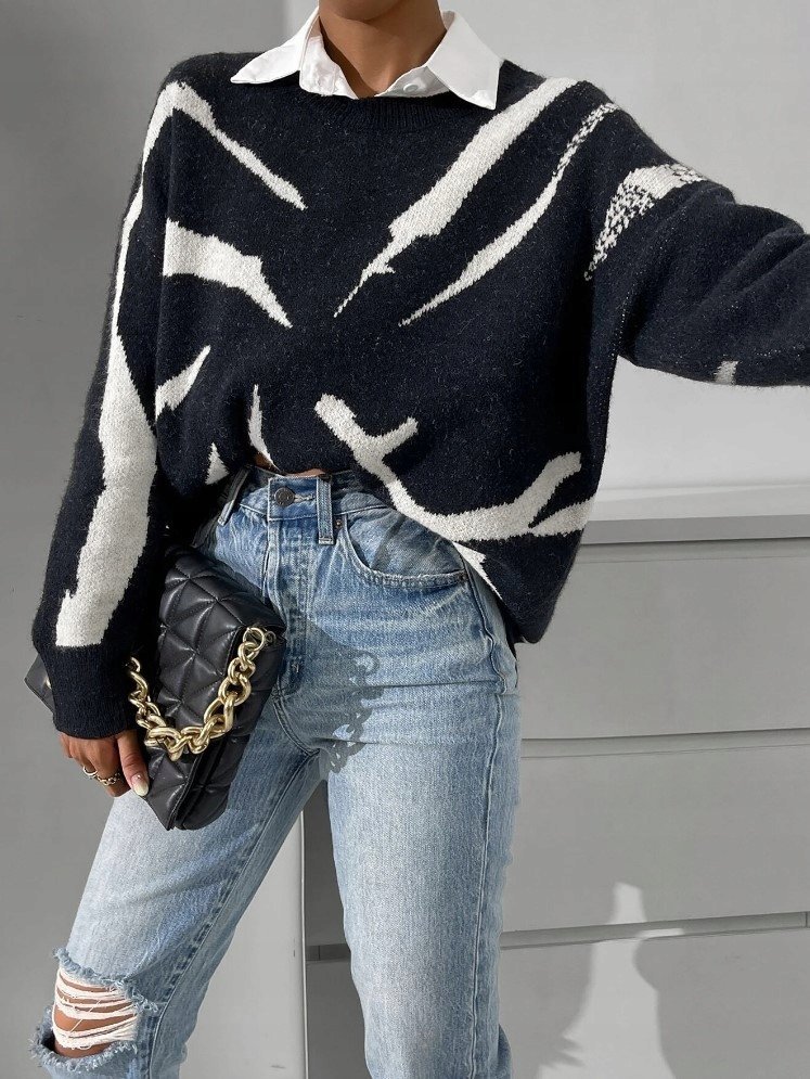 SHEIN SWEER CZARNY Z DŁUGIM RĘKAWEM PROSTY 44 1M5H