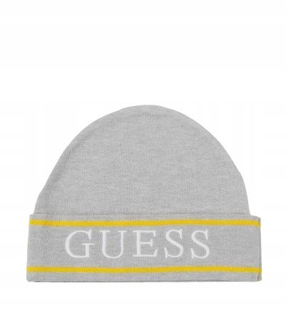 GUESS CZAPKA DZIECIĘCA DZIANINOWA Z LOGO SZARO ŻÓŁTA 56-58 1GMA