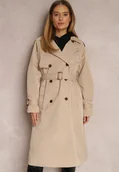 Płaszcze damskie - Beżowy Płaszcz Trencz Dwurzędowy z Paskiem Lene - miniaturka - grafika 1