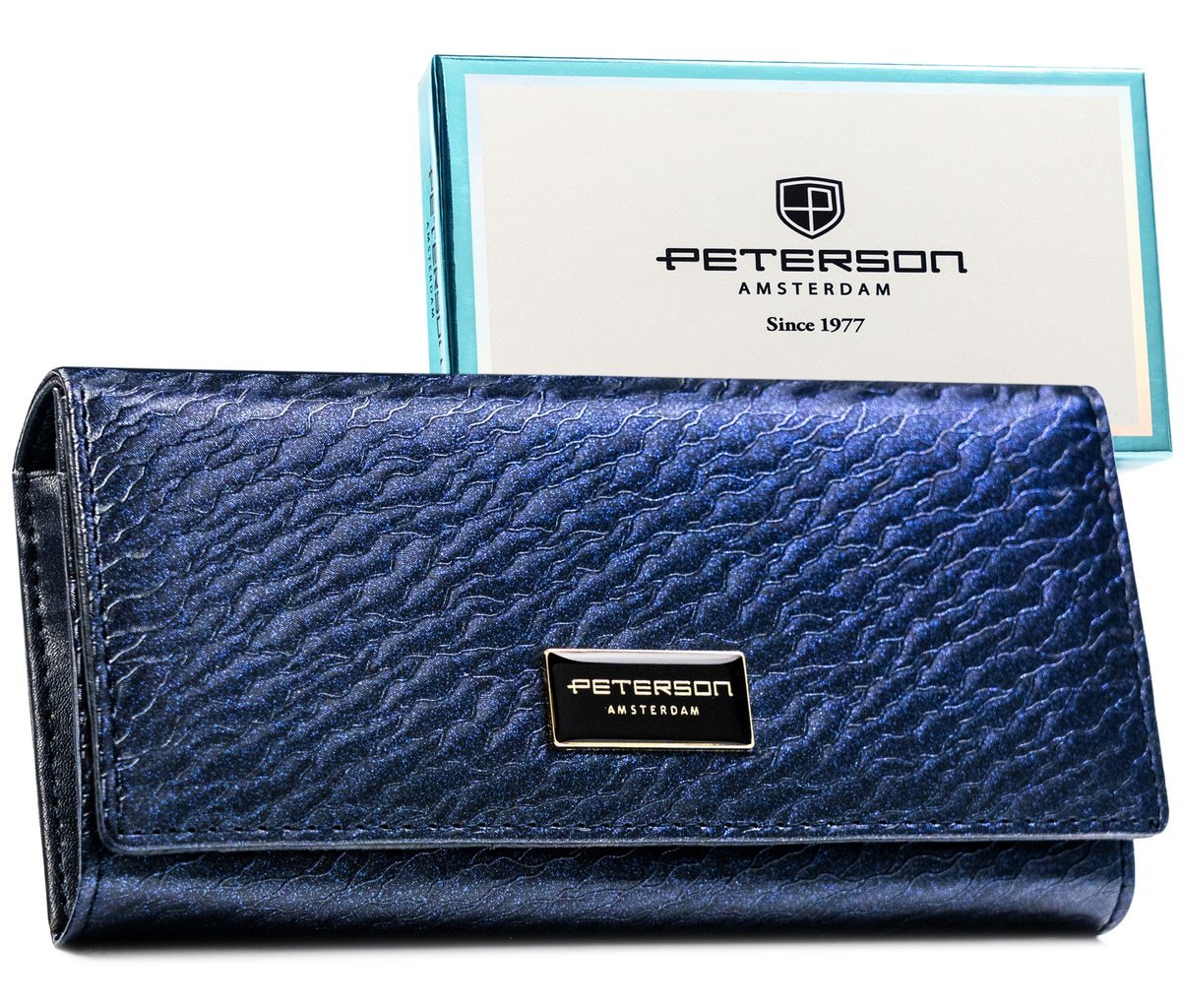 Granatowy portfel damski skórzany PETERSON duży na zatrzask klasyczny poziomy elegancki rfid