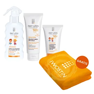 Zestaw Iwostin Solecrin SPF 50+, emulsja ochronna, 100 ml + spray ochronny, 175 ml + żelowy krem do ciała, 200 ml + ręcznik kąpielowy gratis - Balsamy i kremy do opalania - miniaturka - grafika 1