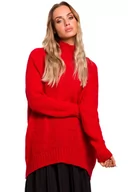 Swetry damskie - M468 Sweter półgolf z asymetrycznym dołem - czerwony (kolor czerwony, rozmiar L/XL) - miniaturka - grafika 1