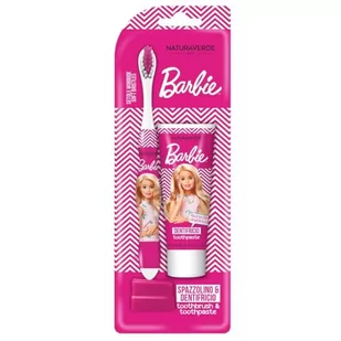 Naturaverde | Kids - Mattel Barbie - zestaw do czyszczenia doustnego dla dzieci, pasta do zębów truskawkowa i karmelowa 25 ml i szczoteczka do zębów z miękkim włosiem, pastą do zębów Barbie - Szczoteczki do zębów dla dzieci - miniaturka - grafika 1
