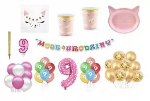 Zestaw Kotek 9 Urodziny Balony Talerzyki Kubeczki Baner świeczka fontanna - Miseczki i talerzyki dla dzieci - miniaturka - grafika 1